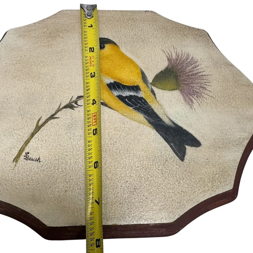 Hand Painted American Goldfinch Bird on Thistle Signed Wood Plaque Art Decor